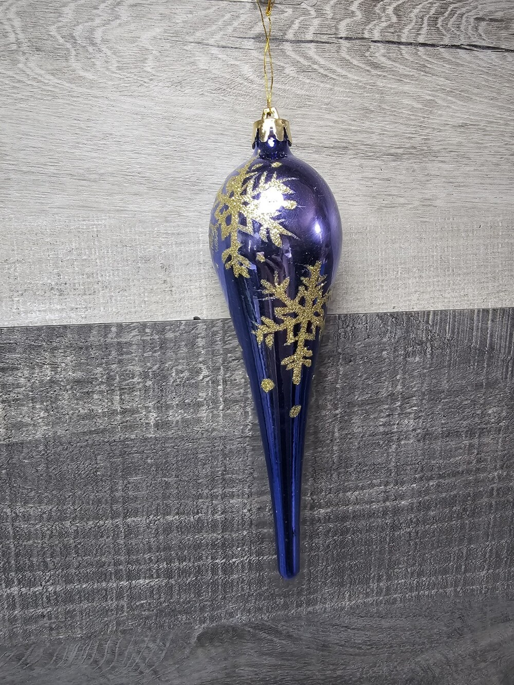 Tear Drop Blue Christmas Ornament Hand-painted Blown Glass Gold Glitter G14a2